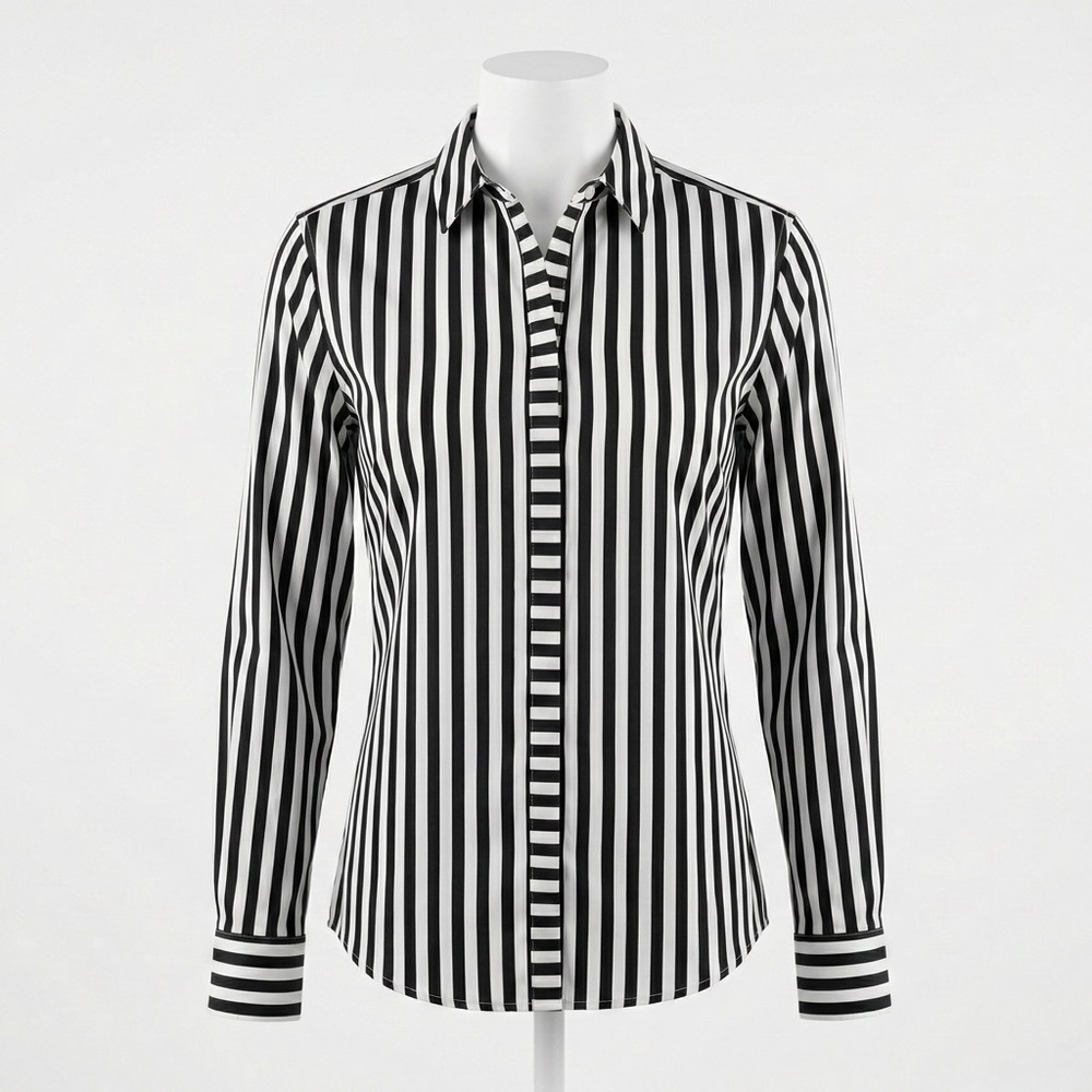 Foxcroft Non Iron Shirt Size 16 Shaped Black White Stripe Button Down Office